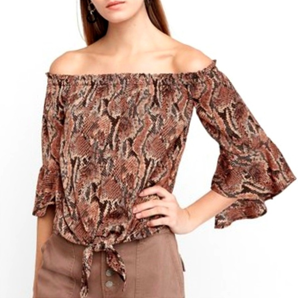 Express off shoulder‎ top brown snake print Women's medium